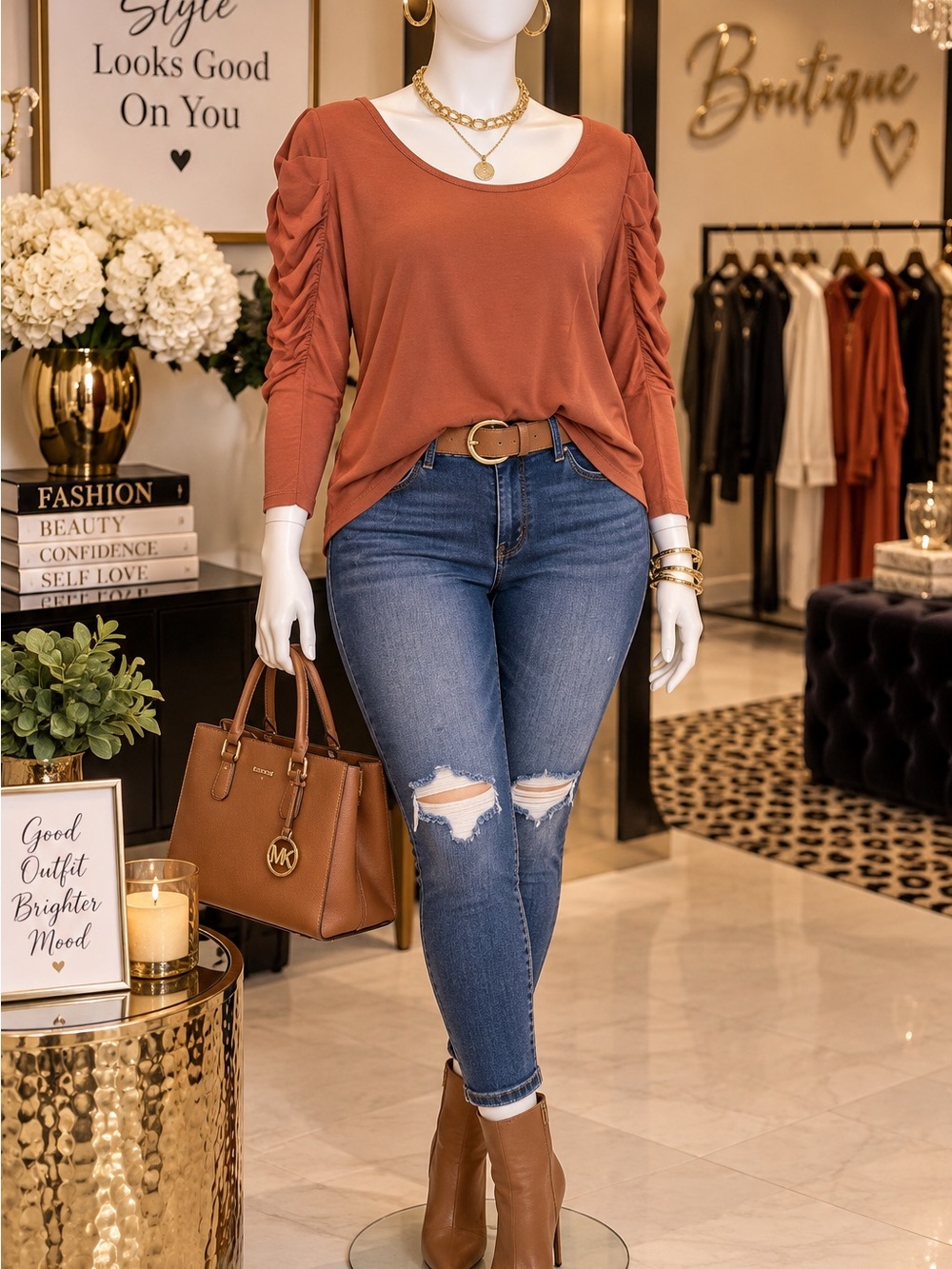 Forever 21 Rust Ruched Long Sleeve Scoop Neck Top